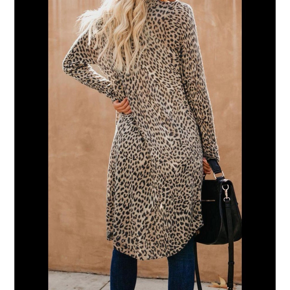 Leopard Print Open-Front Cardigan - Taupe - Picture 3 of 4